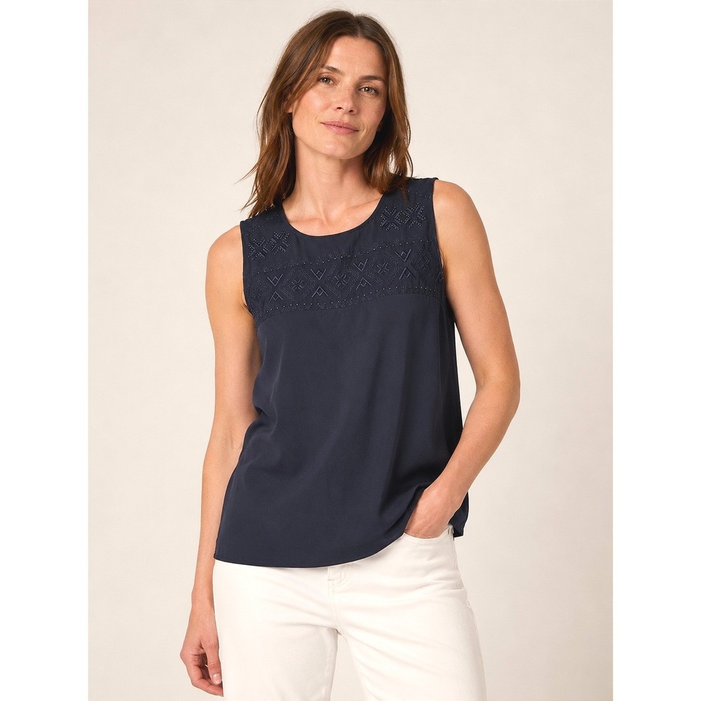 Banana Republic Womens Sleeveless Blouse Size S Navy Blue Embroidered Beaded Top